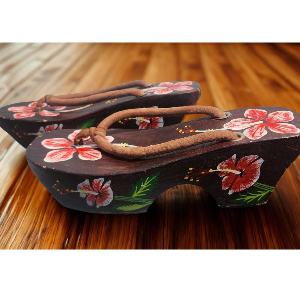 Vintage Fleak Painted Wooden Platform Shoes - Tropical Hibiscus Floral Art